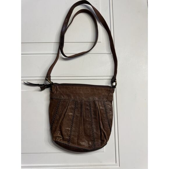 Fossil Handbags - Fossil Talita Leather Hobo Crossbody Bag Brown Tooled Embossed Stitched Pleated